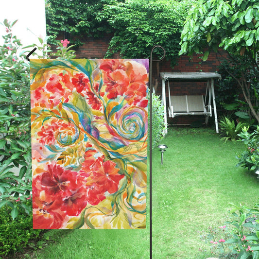 Garden Flag Red Flowers and Swirls 28''x40'' (Twin Sides)